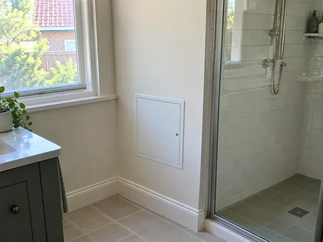 Neat access panel on a white bathroom wall beside a tiled shower in Artarmon